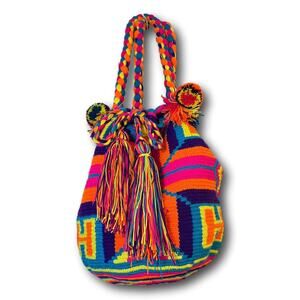 Vintage Handwoven Wayuu Mochila Bag Bright Boho Tribal Festival Bucket Bag